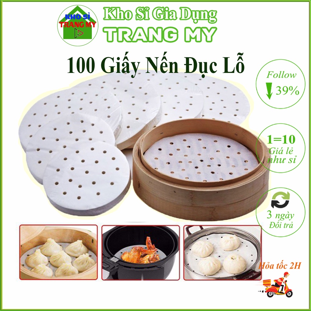 Combo 100 Tờ Giấy Nến Tròn Đục Lỗ Thích Hợp Xửng Hấp, Nồi Chiên Không Dầu Đa NăngTiện Lợi Size 23 cm