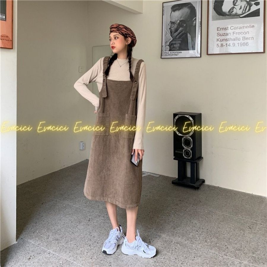 {Evacici}Yếm Len Tăm Dáng Dài Nâu Tây Dễ Mix đồ cùng Áo Sơmi Uzzang Style Babydoll Đáng yêu