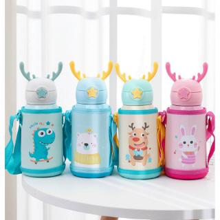 Bình Nước Giữ Nhiệt Thiết Kế Sừng Hươu Dễ Thương Kèm Ống Hút Cho Bé