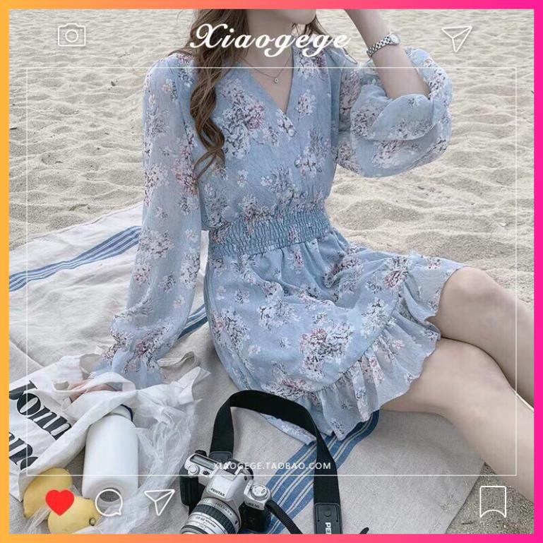 Váy hoa nhí vintage, Váy hoa voan tơ mát mịn cổ V -MOONMY | BigBuy360 - bigbuy360.vn