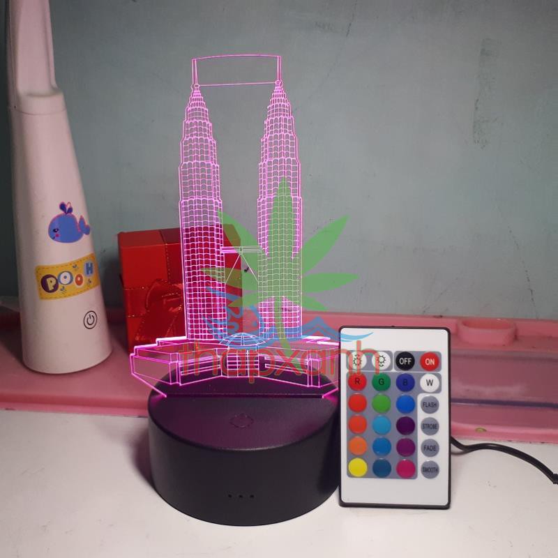 Đèn ngủ, Đèn trang trí Led 3D, Đèn ngủ 16 màu mini có điều khiển Tòa Tháp Đôi