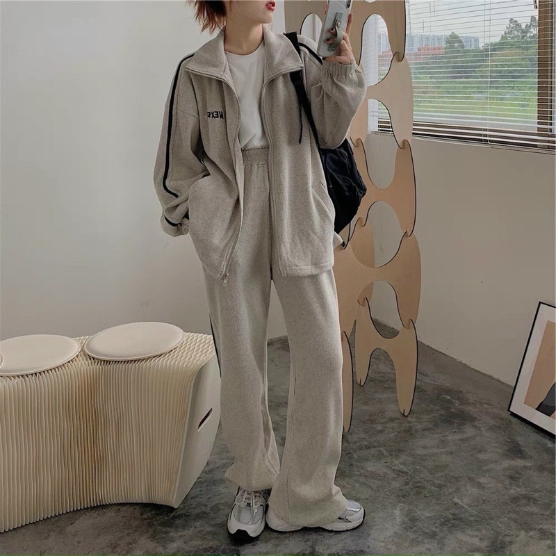 [ ẢNH THẬT ] SET ÁO KHOÁC + QUẦN ỐNG RỘNG XÁM THỂ THAO ULZZANG FORM RỘNG | BigBuy360 - bigbuy360.vn