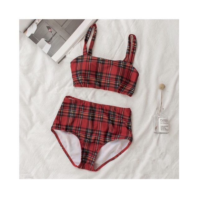 [BKN365] &lt;HÀN&gt; SET BIKINI ĐỎ CARO KIỂU HÀN (CẠP CAO)