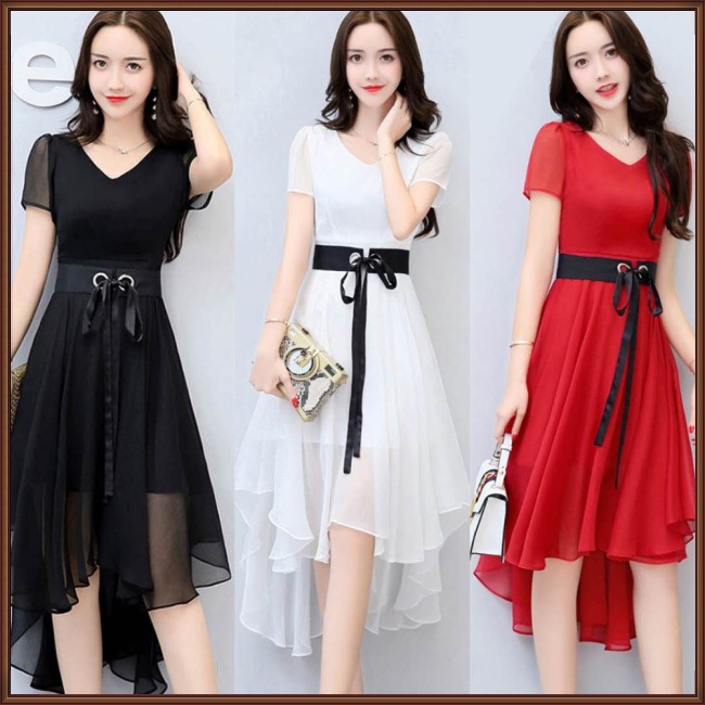 Đầm Voan Ngắn Tay Cổ Chữ V Thiết Kế Bất Đối Xứng Phối Dây Rút Thời Trang Cho Nữ