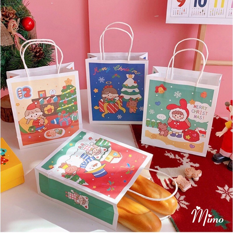 [MẪU MỚI] Túi đựng quà giấy in hình họa tiết Merry Christmas  4 màu lựa chọn họa tiết cô gái, người tuyết...