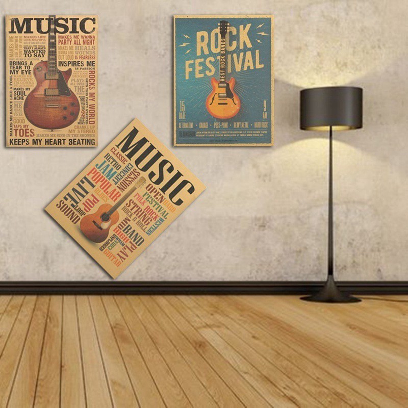 Áp Phích Dán Tường Hình Cây Đàn Guitar Chất Liệu Giấy Kraft Phong Cách Cổ Điển