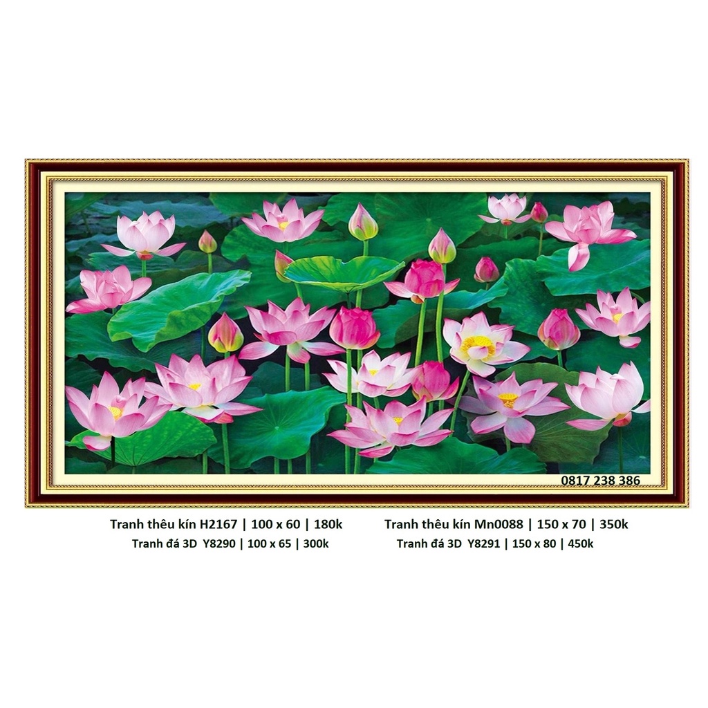 Tranh thêu chữ thập (Giá sỉ) Ao sen MN0088 150×70cm, MN0026 100X60cm, MN0117, LV3376 150x80cm; tranh đá LV553 (150x65cm)