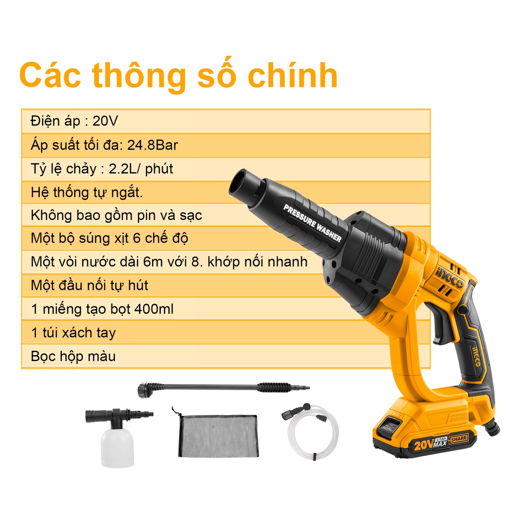 Máy rửa xe dùng pin 20V INGCO CPWLI20082