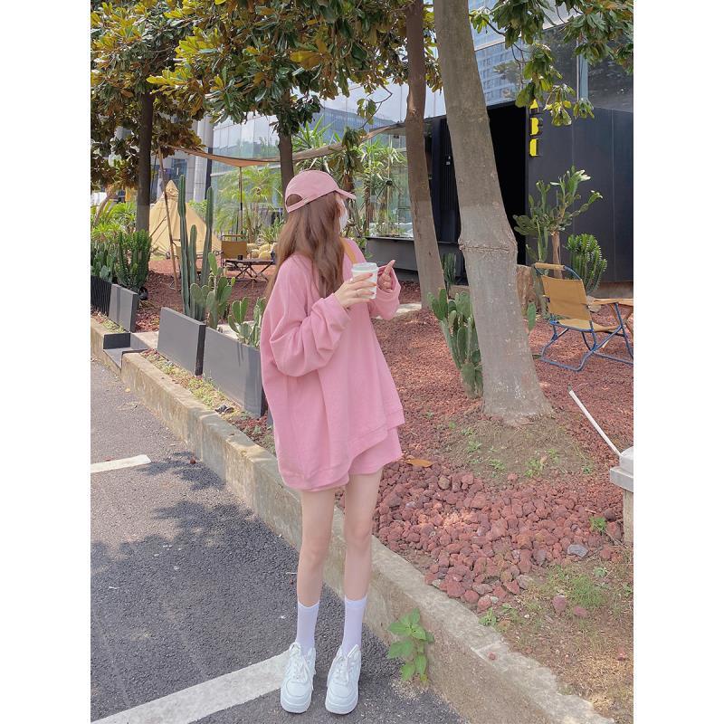 COZOK Set Áo Thun Dài Tay Cổ Tròn + Quần Short Lưng Cao Thời Trang Hàn Cho Nữ