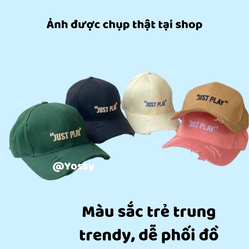Mũ lưỡi trai nam nữ thêu chữ JUST PLAY chất vải kaki Phong cách Hàn Quốc ❤ Nón kết rách unisex cao cấp