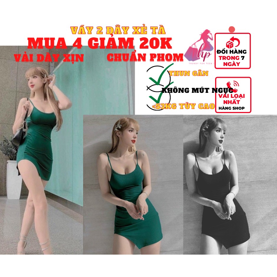 Váy đầm nữ hai dây ôm body xẻ tà cực sexy chất thun gân màu đen dự tiệc sang chảnh -mã VD116