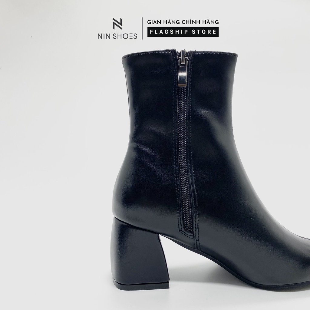 Giày boot nữ cao 5p QCCC cao cổ kéo khóa hông gót vuông da si Ninshoes | BigBuy360 - bigbuy360.vn