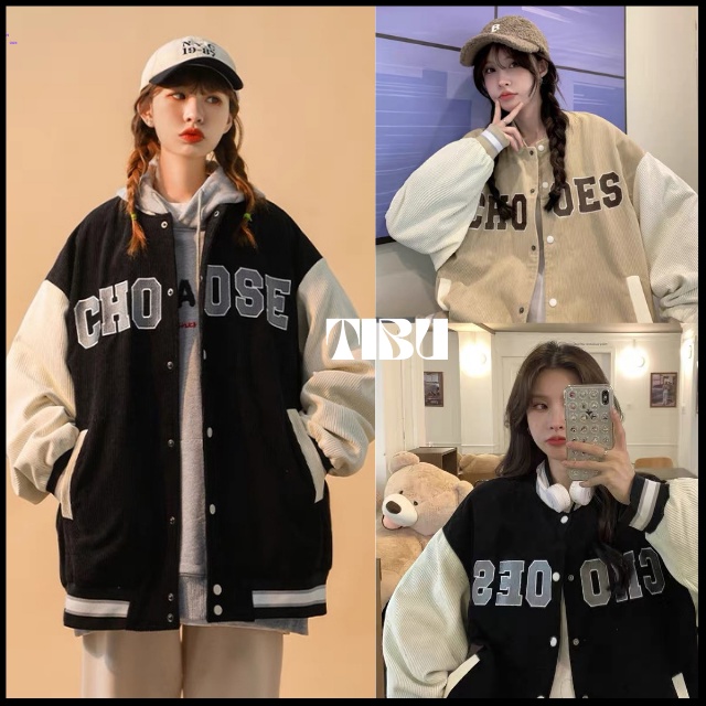 Áo Khoác Bomber Nhung Tăm Gân 2 Lớp Thêu Chữ CHOOSE ❤ Áo BomBer Bóng Chày Nam Nữ Phong Cách Hàn Quốc