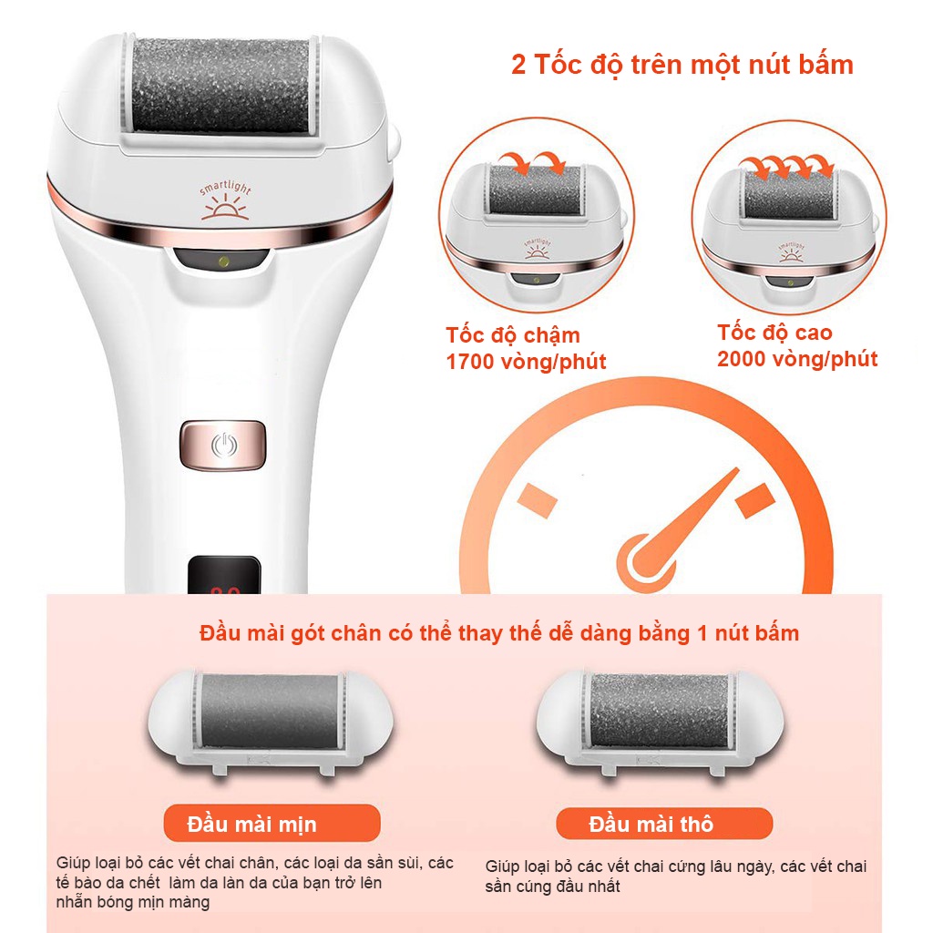[sale] Máy chà gót chân sạc điện - Máy mài gót chân tẩy tế bào chết cao cấp - Tích hợp Đèn hiển thị chất lượng