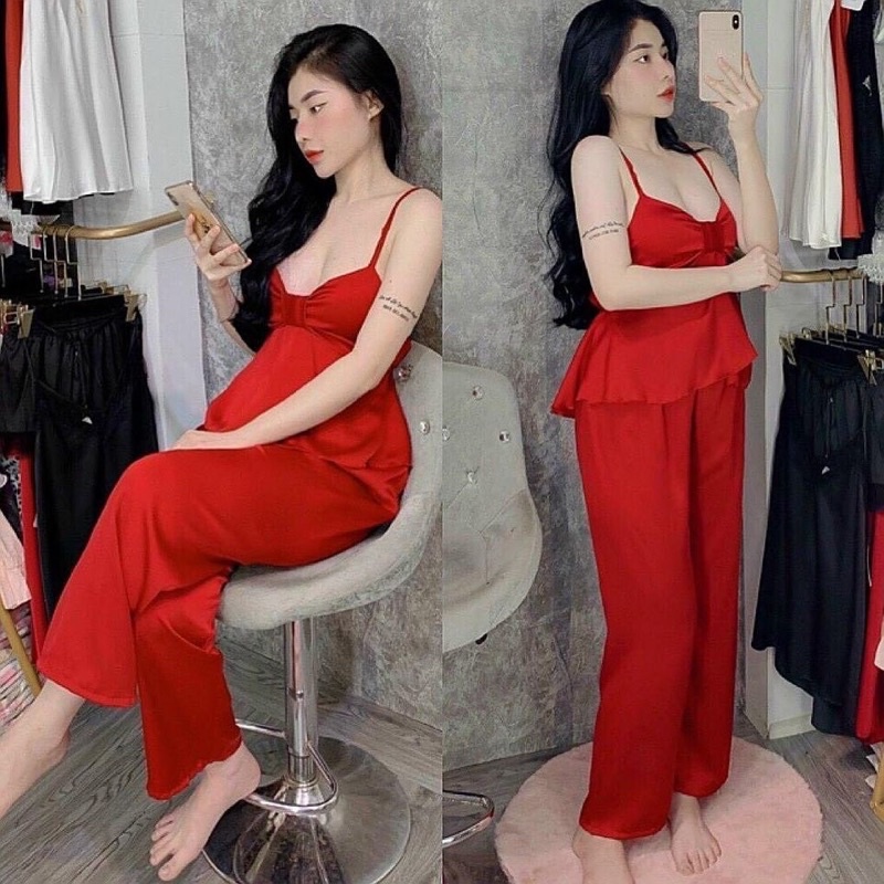 Set bộ ngủ hai dây dài nơ lụa satin cao cấp | BigBuy360 - bigbuy360.vn