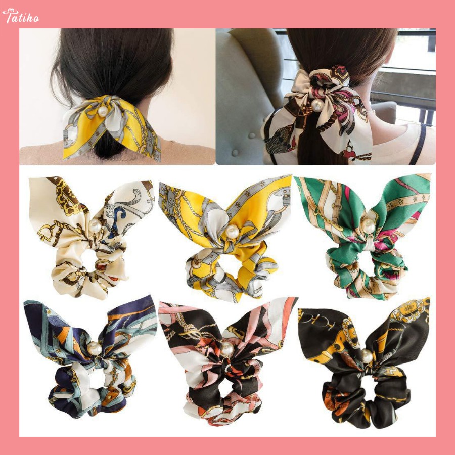 [Hàng Xịn, Giá Tốt] Cột Tóc Nơ Scrunchies Lụa Satin Đính Hạt Thổ Cẩm Nhiều Màu - HANDMADE  - Mã SC004