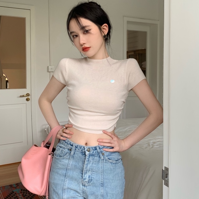 Áo thun dệt kim ZHELIHANGFEI ngắn tay dáng ôm thời trang cá tính