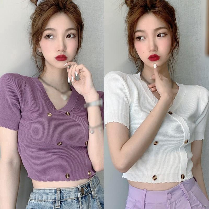 Áo Croptop Dệt Kim Tay Ngắn Thiết Kế Cổ Chữ V Quyến Rũ