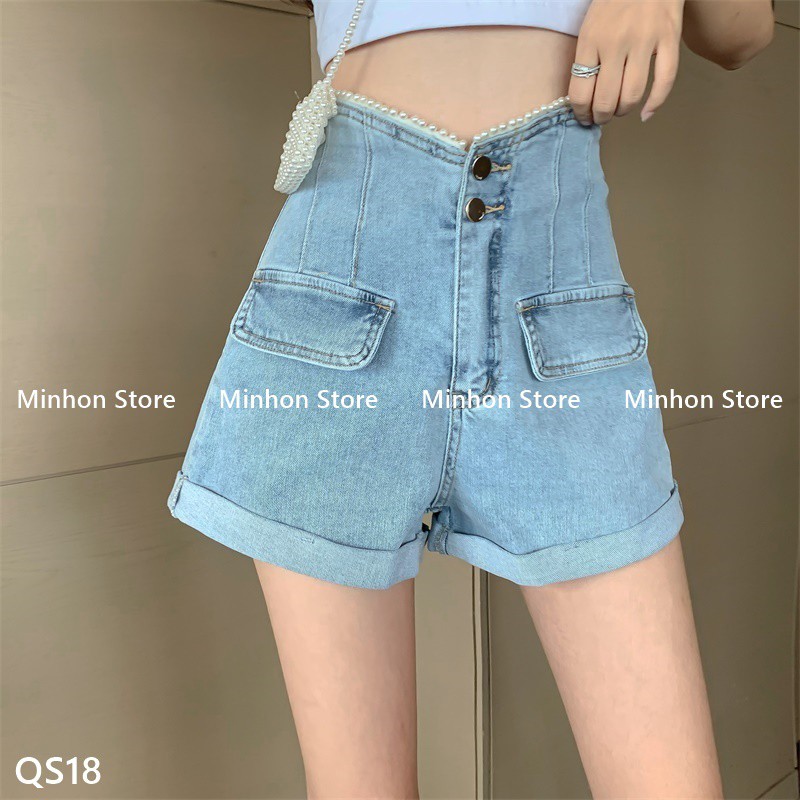 [Có Sẵn - Freeship] Quần Đùi, Quần Short Bò Cạp Cao Đính Viền Ngọc Sang Chảnh (Minhon Store QS18) | BigBuy360 - bigbuy360.vn