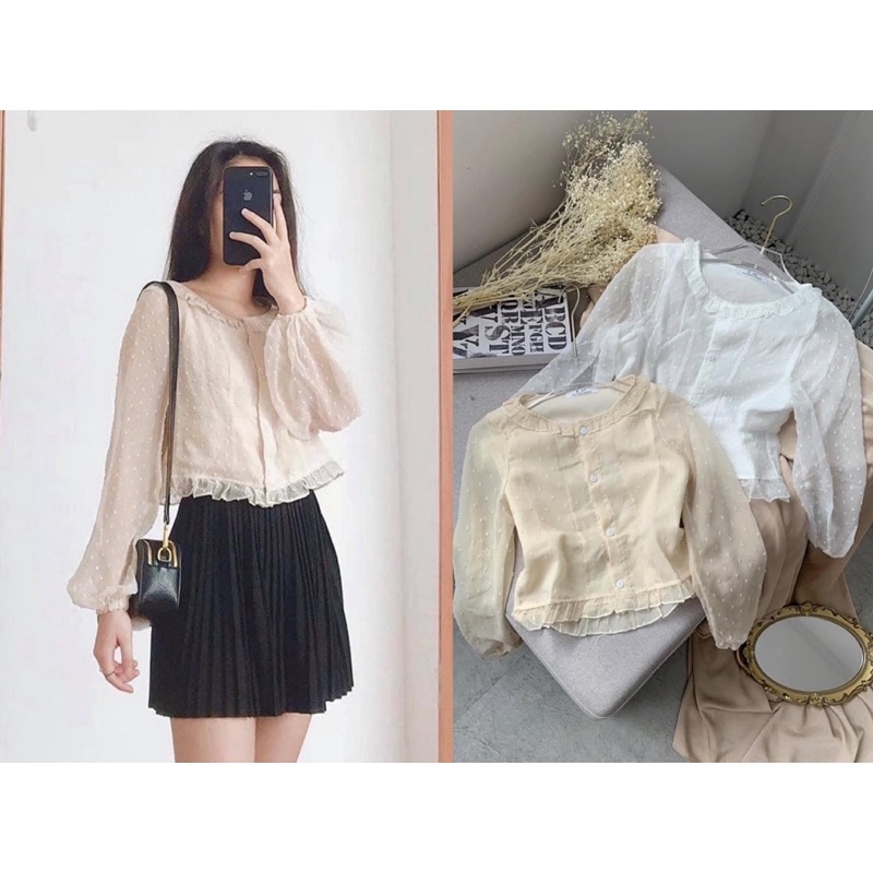 Áo voan chấm bi nổi cổ tròn viền ren khuy dọc