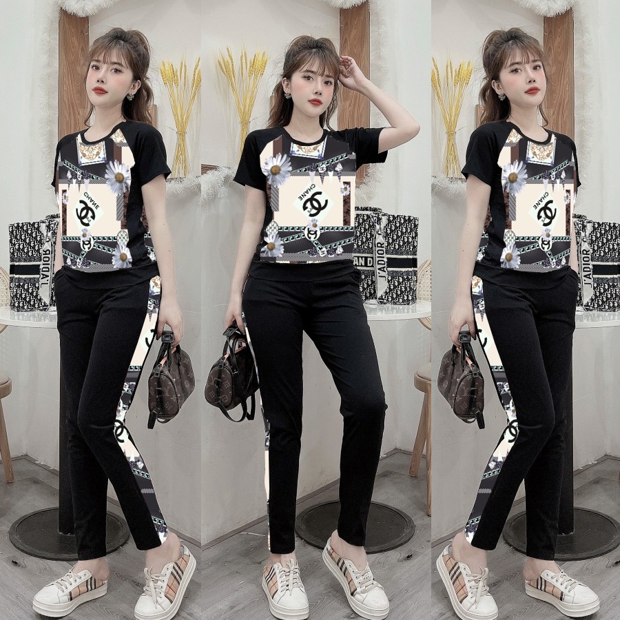 Đồ bộ dài thun cotton phối thun lạnh in họa tiết 3D hiện đại
