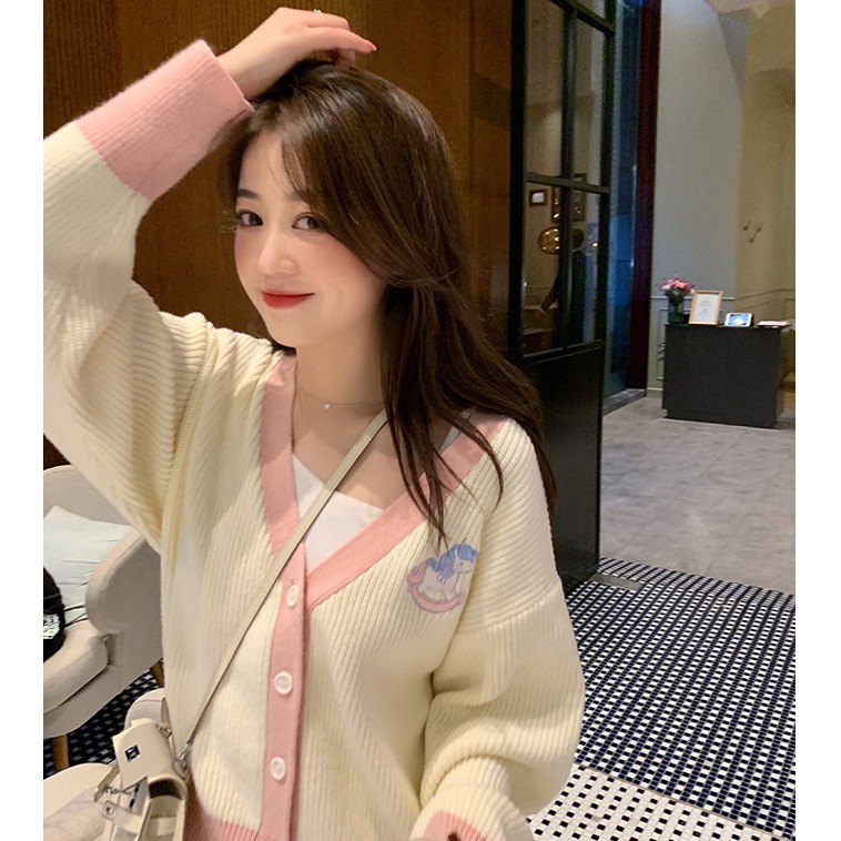 Áo khoác cardigan dệt kim màu sắc tương phản đáng yêu cho nữ | BigBuy360 - bigbuy360.vn