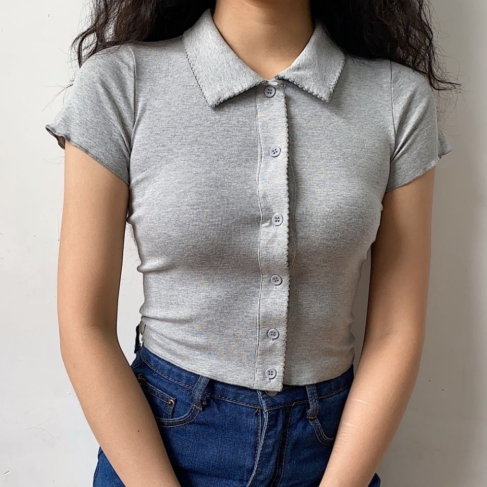 Áo kiểu COZOKC dệt kim cổ polo tay ngắn màu đơn giản thời trang
