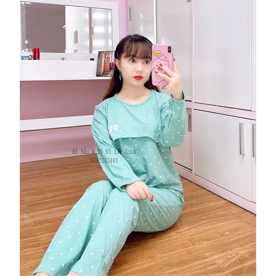 Đồ bộ bầu sau sinh[FREESHIP]vải cotton xịn, quần dài, áo vén ngực cho bé bú, cạp quần có mổ khuy nút, size 48--75kg