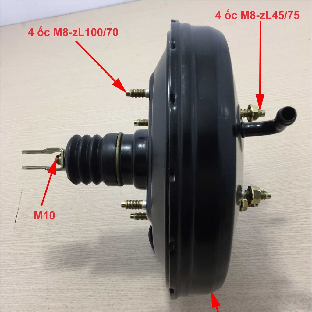 Bầu trợ lực chân không, M8- 70*100; F41- M8- 45*72, 1 bát phanh, dày 77  (Đầu trên 4 ốc bắt - tâm lỗ bắt; đầu dưới 4 ốc)