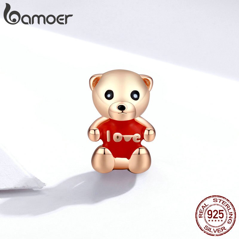 Hạt Charm Bamoer BSC228 Bạc Sterling 925 Thật Hình Chú Gấu Với Trái Tim Đỏ Và Chữ Love Tráng Men Dùng Để Làm Trang Sức