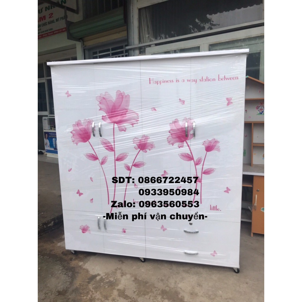 Tủ nhưa 4 cánh trắng dán hoa như hình nhận làm theo yêu cầu freeship