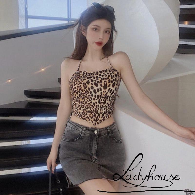 LD-Women’s Casual Tie-up Backless Camisole Fashion Leopard Printed Exposed Navel Suspender Tops