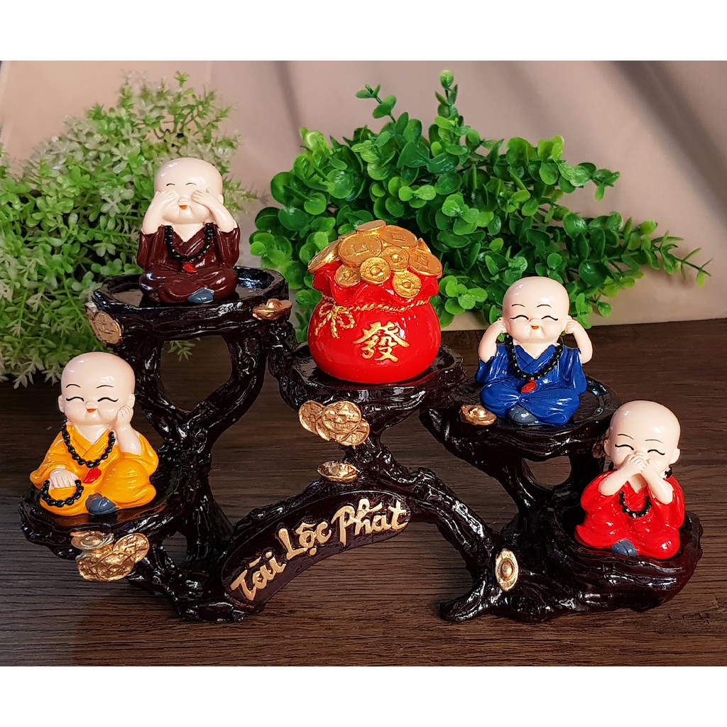 Bộ tượng Tứ Không đeo xâu chuỗi kèm túi đỏ chữ Phát và chân đế ngang 5 ô Tài Lộc Phát