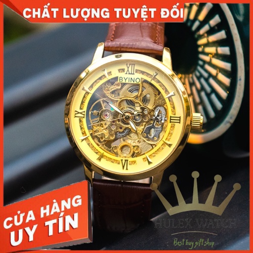 Đồng hồ nam chính hãng cao cấp BYINO dây da xịn, mặt cơ lộ máy sang trọng, số giờ truyền thống đôc đáo 8222