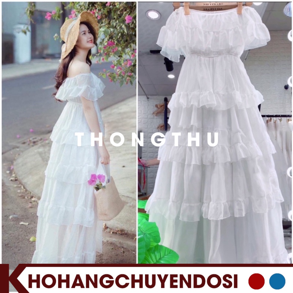 Đầm Trắng Công Chúa nhiều tầng ,hở vai 2 dây dáng xòe ,Váy Maxi thiết kế trễ vai sang trọng Vintage Tiểu Thư ,THONGTHU