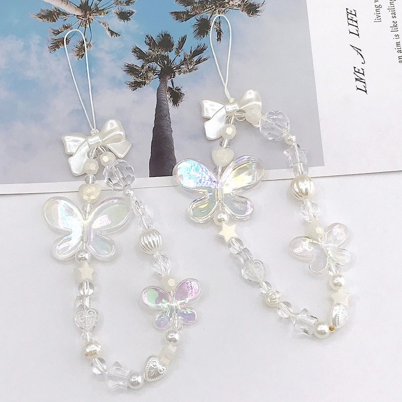 Dây Đeo Điện Thoại Bằng Acrylic Mềm Chống Thất Lạc Hình Bướm Màu Laser Đính Hạt Ngọc Trai Dễ Thương