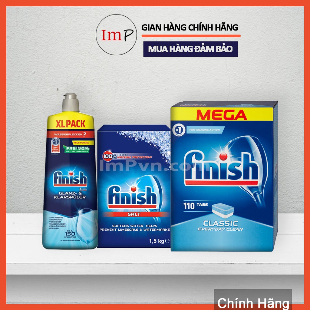 Combo viên rửa bát Finish Hộp Classic 110 viên, Muối 1.5kg, Nước làm bóng 1150ml (hoặc 750ml)