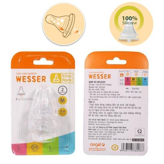 Set 2 núm Wesser cổ hẹp (S-M-L-+),Núm Thay Thế Bình Wesser Núm Silicon Siêu Mềm Chính Hãng