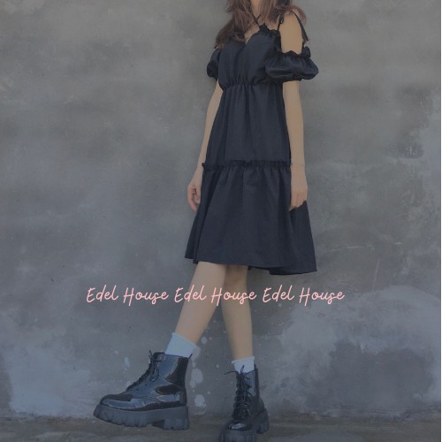 Váy đen dây ngực trễ vai buộc cổ Edel Có Ảnh Thật + Đánh Giá E122 | BigBuy360 - bigbuy360.vn