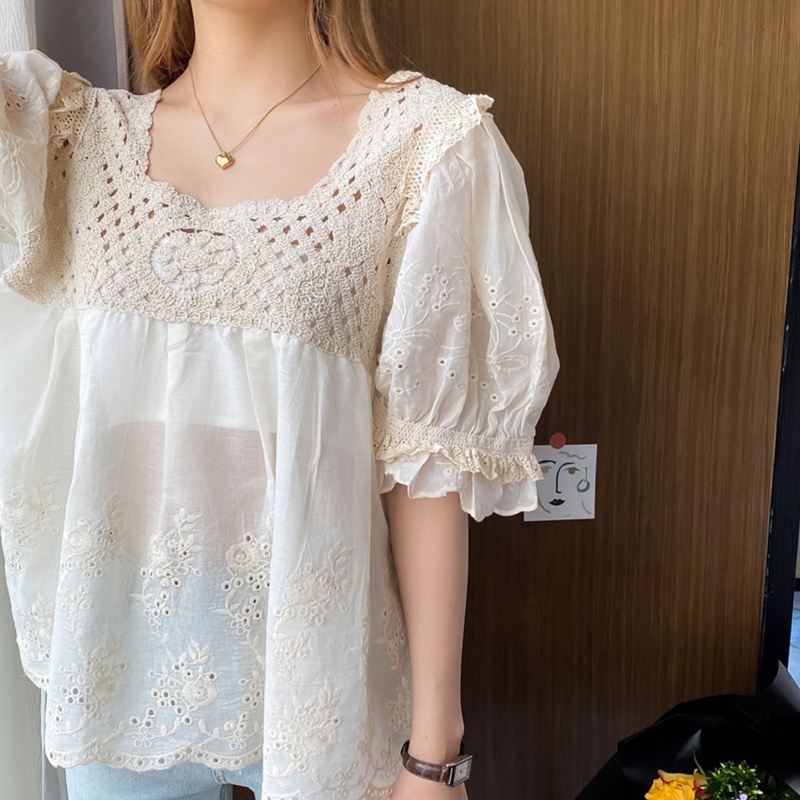 Brroa Áo Sơ Mi Tay Lửng Phồng Phối Ren Rỗng Thêu Họa Tiết Thời Trang Mùa Hè Hàn Quốc Cho Nữ