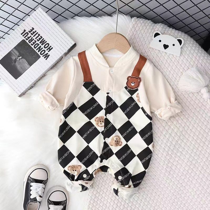 Bộ Áo Liền Quần Tay Dài In Hình Gấu Hoạt Hình Phong Cách Anh Quốc Thời Trang Mùa Thu Cho Bé Trai 0-18 Tháng Tuổi