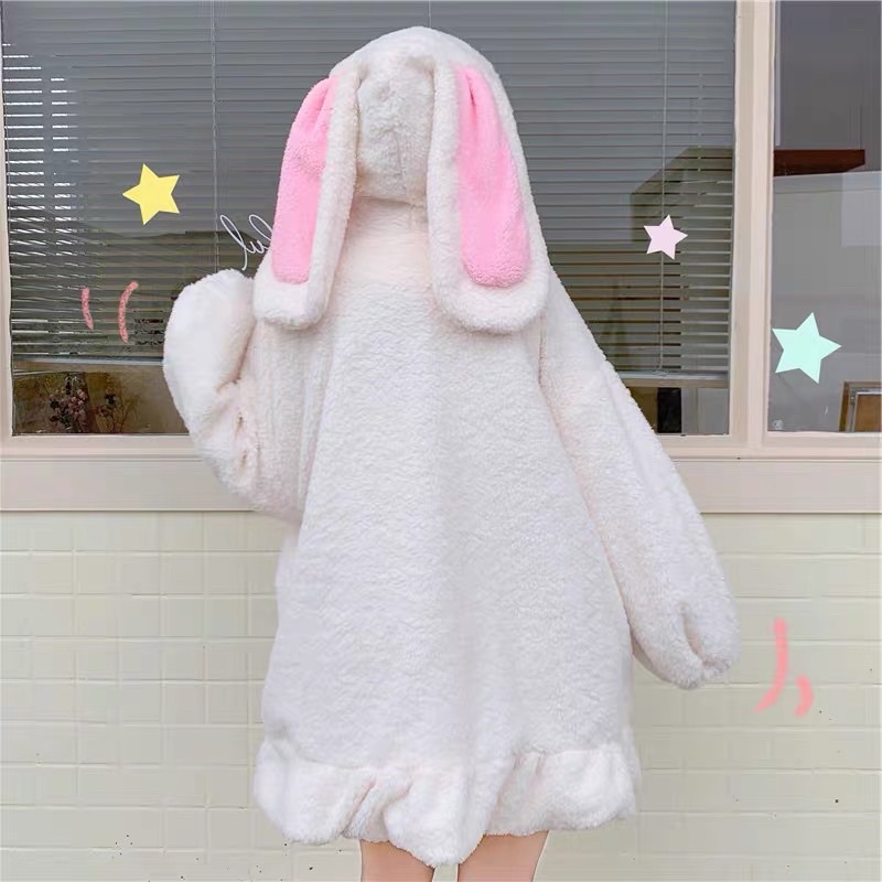 Áo Khoác Lông Mũ Thỏ Ulzzang - Kèm vid thật