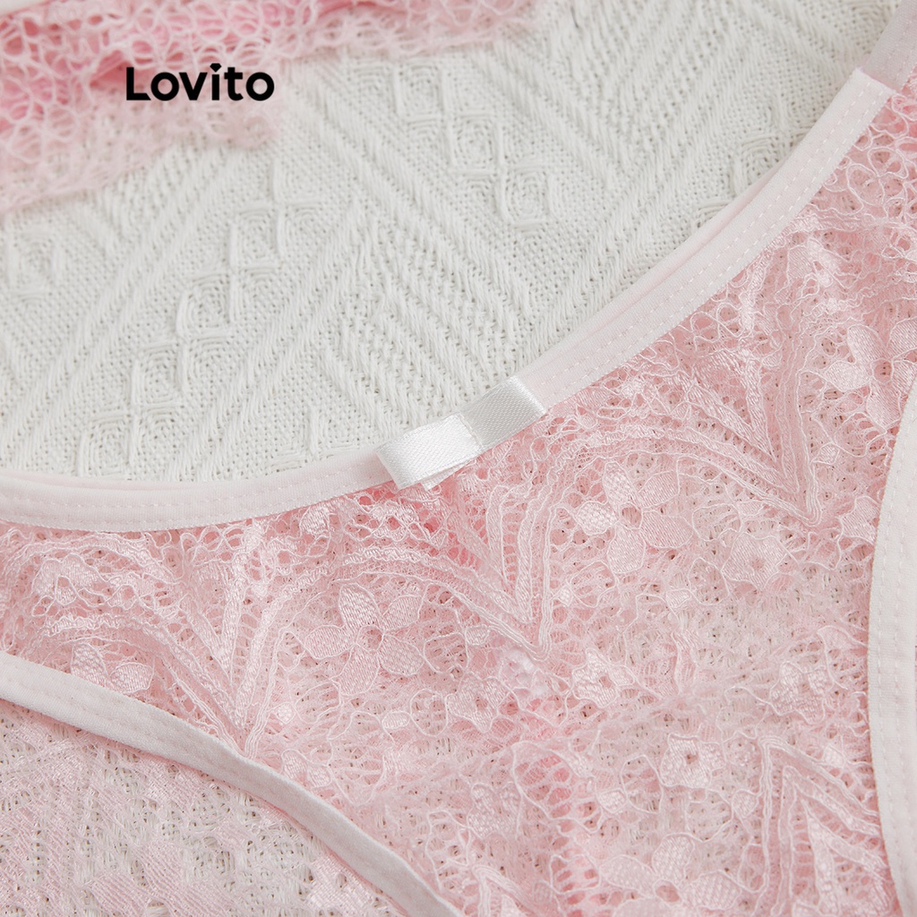 Set quần lót và áo ngực Lovito vải xuyên thấu ghép nối màu sắc phối ren sexy không có miếng đệm L17X447 (hồng/đen)