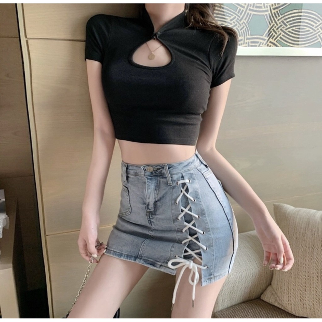 [Mã FAMAYWA giảm 10K đơn 50K] ÁO CROPTOP CỔ GIỌT LỆ ĐEN TRẮNG TÍM - ÁO THUN CROP KHOÉT NGỰC TAY NGẮN | BigBuy360 - bigbuy360.vn