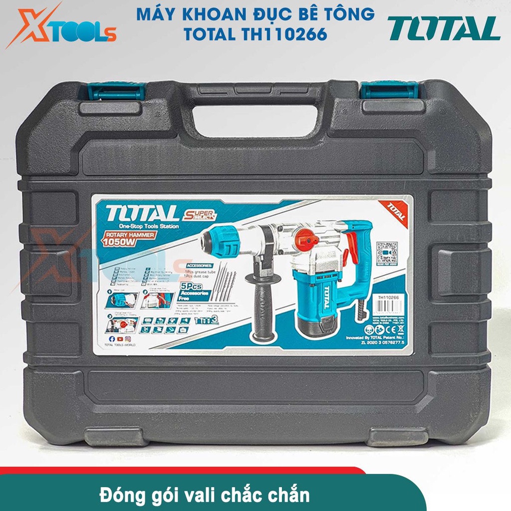 Máy khoan đục bê tông TOTAL TH110266 1050W, đầu gài mũi SDS plus, kèm 3 mũi khoan 2 mũi đục [CHÍNH HÃNG][XTOOLS]