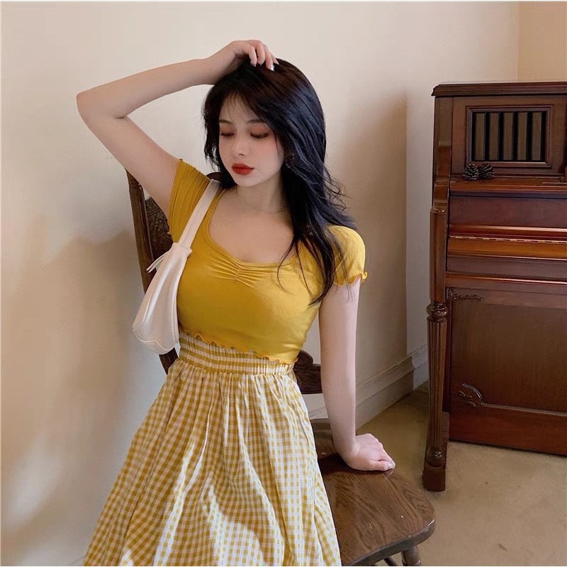 Set Váy Nữ, Set áo thun mix chân váy caro xoè hàng Qc loại 1 | BigBuy360 - bigbuy360.vn