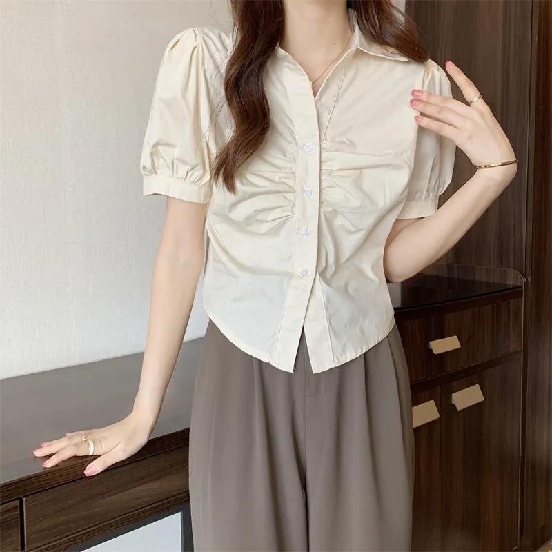 Áo Sơ Mi Tay Phồng Xếp Ly Màu Sắc Ngọt Ngào Phong Cách Hàn Quốc Thời Trang Cho Nữ S-3