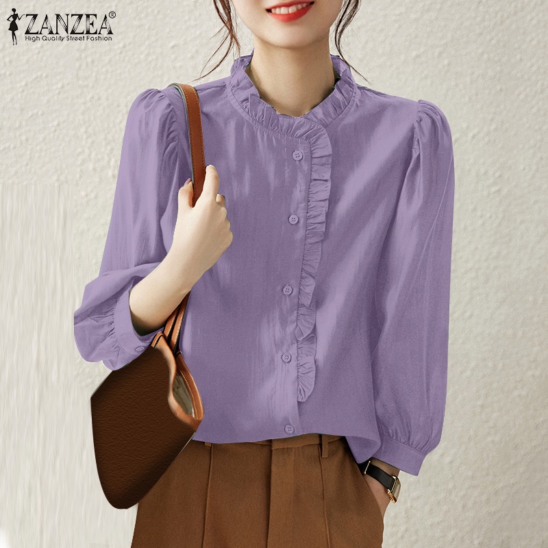 Áo kiểu ZANZEA cổ đứng dáng rộng màu trơn phong cách Hàn Quốc dành cho nữ