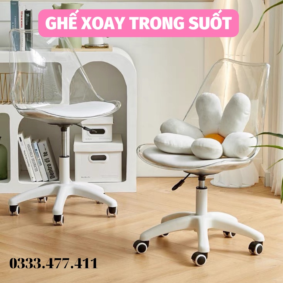 Ghế Xoay Nhựa Trong Suốt Có Đệm, Ghế Trong Suốt Đệm Bọc Simili Cao Cấp Chân Xoay Làm Việc, Decor Phòng