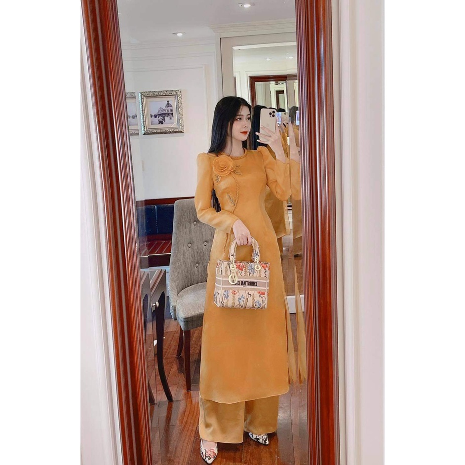 Áo dài cách tân chất voon organza  - vàng tết cổ